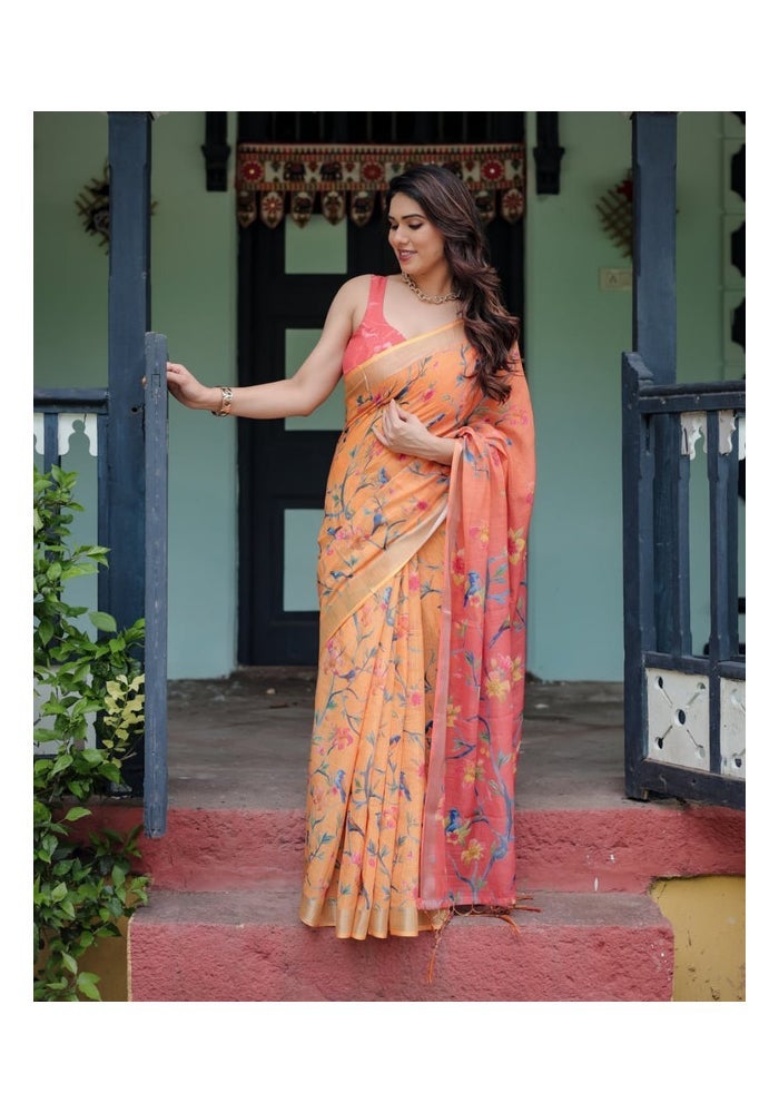 Malishka Export ساري قطن كتان برتقالي مزخرف للنساء - Image 1